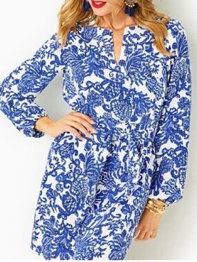 Lily Pulitzer Blue & White Floral Print Long Sleeve Alyssa Dress